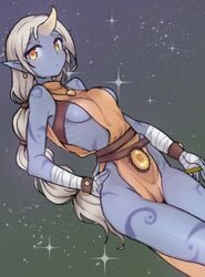 1girls blush breasts cleavage clothing female horn jewelry jorin league_of_legends legs_together long_hair looking_at_viewer medium_breasts no_panties pointy_ears ponytail purple_skin sideboob solo soraka tattoo very_long_hair white_hair wide_hips yellow_eyes