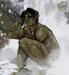 1girls applesauce_jack armband biceps black_hair closed_eyes female green_skin muscular muscular_female necklace nose_piercing nude orc orc_female original_character outdoors shower skyrim snow solo solo_female tattoos tusks waterfall wet