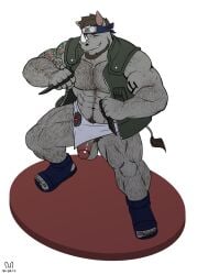 2022 abs accessory anthro arm_hair asuma_sarutobi balls beard biceps body_hair bottomwear bottomwear_aside brown_hair cherrypickergm chest_hair closed_eyes clothed clothing clothing_aside cosplay facial_hair flaccid footwear forearm_hair forearm_muscles forearms genitals hair hairy hairy_balls hand_hair happy_trail headband hi_res high-angle_view jacket knife leg_hair loincloth loincloth_aside male mammal manly marlon_forte muscular muscular_legs muscular_thighs naruto navel open_clothing open_jacket open_topwear pecs penis pubes rhinoceros sandals shoes shoulder_hair simple_background smile solo standing topwear triceps wardrobe_malfunction white_background