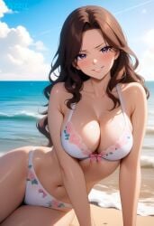 1girls ai_generated arm_support beach big_breasts blue_sky blush bra breasts brown_hair cana_alberona cleavage collarbone eyelashes fairy_tail floral_print large_breasts long_hair looking_at_viewer navel ocean outdoors panties parted_lips pink_rose purple_eyes sitting smug snazzdaz snazzle solo solo_focus stable_diffusion thighs watermark wavy_hair white_lingerie