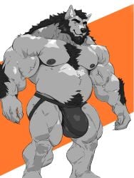 2024 alternate_species anthro arm_tuft bear beard belly biceps big_bulge black_hair bulge canid canine chest_tuft clothed clothing deltoids facial_hair fur grey_eyes hair hi_res hybrid jockstrap jockstrap_only male mammal muscular muscular_anthro muscular_male mylesbear_(artist) mythological_canine mythological_creature mythology navel nipples orange_background pattern_background pecs polar_bear pubes simple_background solo striped_background topless tuft underwear underwear_only ursine vein veiny_muscles werecanid werecanine werecreature werewolf white_body white_fur