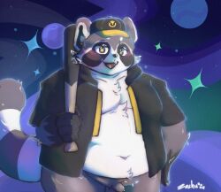 2024 anthro balls baseball_bat baseball_cap bat_(object) belly big_belly black_nose blush clothing flaccid galactic_baseballer_(honkai:_star_rail) genitals grey_body hat headgear headwear hi_res honkai:_star_rail hybrid kemono male mammal mihoyo moobs navel open_mouth overweight overweight_male penis procyonid raccoon small_penis solo space white_body zardacian