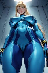 ai_generated big_ass big_breasts cameltoe holding_gun lamprey3931 low-angle_view perfect_body samus_aran standing