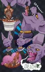 2024 absurd_res anthro beerus burping comic digestion digital_drawing_(artwork) digital_media_(artwork) domestic_cat dragon_ball dragon_ball_super duo eelmeal felid feline felis female food food_fetish food_play hairless hairless_cat hi_res human imminent_death internal internal_vore macro male male/female mammal micro mouth_shot open_mouth oral_vore peril size_difference sound_effects sphynx_(cat) text vore