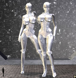 2girls 3d android bald bare_shoulders big_breasts busty cleavage curvy detailed_background erect_nipple erect_nipples eyelashes female female_only front_view hand_on_hip hands_on_hip hands_on_hips high_heels hourglass_figure humanoid looking_at_viewer multiple_females multiple_girls naked nude pose posing shadow shiny shiny_skin sideboob silver_skin standing v4enru voluptuous wide_hips xskullheadx