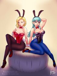 2girls android_18 breasts bulma_(bunny) bulma_briefs bunny_costume bunny_ears bunny_girl bunny_tail bunnysuit busty cleavage dragon_ball dragon_ball_(classic) dragon_ball_z female female_only hourglass_figure looking_at_viewer milf pantyhose red_heels red_high_heels renardart teenager wrist_cuffs