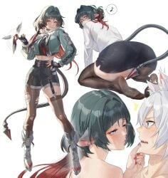 1boy 1girls ass blush clothing hand_on_mouth jane_doe_(zenless_zone_zero) long_hair nervous nude_female nude_male panties rat_ears rat_girl rat_tail secretary seth_lowell white_hair zenless_zone_zero