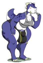 anthro ass barely_visible_genitalia big_bulge big_butt big_muscles bulge clothed clothing femboy girly huge_butt lipstick makeup male muscular muscular_male nipples penis scalie shirt slightly_chubby solo standing tank_top tezukuri thick_thighs underwear