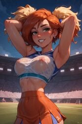 ai_generated anakinyeewalker arms_up breasts_visible_through_clothing cheerleader_outfit cheerleader_uniform disney disney_channel female_focus green_eyes_female kim_possible kimberly_ann_possible looking_at_viewer nipples_visible_through_clothing orange_hair_female pom_poms public smiling_at_viewer teeth wet wet_shirt