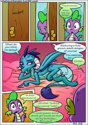 animated anus bed blue_scales blue_skin comic dialogue dragon english_text female friendship_is_magic green_scales male my_little_pony on_bed princess_ember_(mlp) purple_skin pussy scales size_difference smooth_skin spike_(mlp) text whateverbender