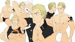 1boy bara barazoku blonde_hair blonde_hair_male bulge bulge_through_clothing fundoshi grabbing_own_pecs grabbing_pecs hanamura_boyo implied_gay jacket jacket_only jacket_open kanji_tatsumi male male_only modeling mostly_nude mostly_nude_male multiple_poses multiple_positions muscular muscular_male necklace nose_piercing partially_clothed partially_clothed_male pecs pectorals persona persona_4 posing posing_for_the_viewer scar scar_on_face shirt_lift shirt_pull shirtless shirtless_male solo tank_top tank_top_lift tanktop tattoo tattooed_arm underwear underwear_bulge