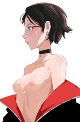 1girls areolae bare_shoulders black_hair blush boruto:_naruto_next_generations boruto:_two_blue_vortex breasts_out choker collar ear_piercing earrings erect_nipples exposed_breasts female female_focus female_only glasses hi_res high_resolution highres jacket jewelry large_areolae lips lipstick lukasama7 makeup messy_hair naruto naruto_(series) nipples no_bra perky_breasts petite pink_lips pink_lipstick pink_nipples pinup pixie_cut pose posing red_eyes sarada_uchiha sharingan short_hair shounen_jump shueisha side_view sideboob small_breasts solo solo_female solo_focus standing teen teenage_girl teenager tomboy topless topless_female uchiha_sarada uchiha_symbol undressing very_high_resolution weekly_shonen_jump