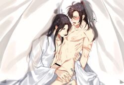 2boys ahoge alternate_costume alternate_hairstyle anal bar_censor bathrobe bishounen bite_mark black_hair blush censored chinese_clothes closed_eyes clothes_down collarbone cum cum_on_body cum_on_male curtains half_updo hand_on_another's_thigh hand_on_another's_waist hanfu hickey highres hug jujeop korean_text lan_wangji long_hair male male_focus modao_zushi multiple_boys navel nipples nude open_clothes open_mouth open_robe parted_lips pectoral_cleavage pectorals penis ponytail robe robe_partially_removed scratches see-through_curtains sex sidelocks sitting sitting_on_lap sitting_on_person straddling sweat topknot trembling upright_straddle wei_wuxian white_robe xiao_guan_(headdress) yaoi