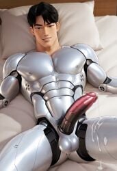 asian_male cum cum_on_penis cute_male freaky futuristic in_bed jinu_(kpop_demon_hunters) korean_male kpop_demon_hunters mecha metal_penis netflix robot robot_boy robot_penis robotic robotization smile smiling_at_viewer smirk smirking smirking_at_viewer