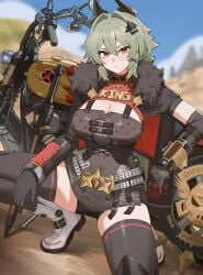>:( 1girls absurdres belt black_gloves black_thighhighs boots breasts brown_eyes caesar_king caesar_king_(zenless_zone_zero) cleavage dress female fur_trim gloves grey_belt grey_dress grey_hair hair_intakes hair_ornament highres large_breasts long_sleeves looking_at_viewer microdress motor_vehicle motorcycle nvl short_hair solo squatting thighhighs v-shaped_eyebrows white_boots zenless_zone_zero