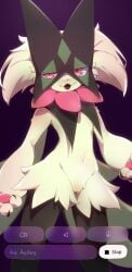 1girls cape completely_nude completely_nude_female dok2_mo english_text facing_viewer film_grain flat_chest fur furry furry_female glint looking_at_viewer mask meme meowscarada open_mouth paws phone_screen phone_view pink_eyes pokemon purple_background standing text white_fur