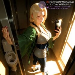 ai_generated ass blonde_hair blush boruto:naruto_next_generations breasts brown_eyes cellphone cleavage collarbone door doorway facial_mark female fingernails forehead_mark from_above full_body green_jacket grey_kimono grin hair_over_shoulder happi holding holding_phone indoors japanese_clothes kimono large_breasts lips long_hair long_sleeves looking_at_viewer mature_female meitabuu nail_polish naruto naruto(series) naruto_(series) obi open_door pants parted_bangs parted_lips phone pov_doorway red_nails sandals sash selfie short_kimono smartphone smile socks solo standing sunlight tabi taking_picture teeth tsunade tsunade_(naruto) wide_sleeves