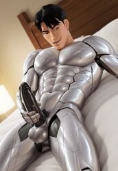 asian_male cum cum_on_penis cute_male freaky futuristic grabbing_penis in_bed jinu_(kpop_demon_hunters) korean_male kpop_demon_hunters masturbation mecha metal_penis netflix robot robot_boy robot_penis robotic robotization smile smiling_at_viewer smirk smirking smirking_at_viewer