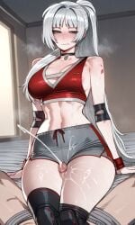 abs ai_generated crop_top cum cum_on_thighs cumshot dikke_(reverse:1999) dikke_(the_pointy_end_up)_(reverse:1999) elbow_pads gray_shorts gym_shorts leggings muscular_female red_crop_top reverse:1999 sweaty thigh_sex