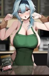 apron bangs bare_shoulders blue_hair blurry blush breasts cleavage collarbone covered_navel depth_of_field eula_(genshin_impact) eyebrows_visible_through_hair female genshin_impact hair_between_eyes hairband huge_breasts indoors naked_apron open_mouth upper_body