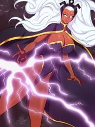 black_leotard blank_eyes breasts cape cleavage closed_mouth clothing colored_skin dark-skinned_female dark_skin electricity female female floating_hair huge_breasts kingpharoah large_breasts leotard lightning lips long_hair looking_at_viewer marvel marvel_comics no_pupils purple_cape solo storm_(x-men) strapless strapless_leotard tagme thick_thighs thighs white_eyes white_hair x-men