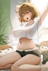 1girls absurdres alternate_costume anis_(nikke) arms_up black_shorts blush breasts brown_eyes brown_hair character_doll commander_(nikke) commentary day doll female goddess_of_victory:_nikke highres indoors kkuni large_breasts navel one_eye_closed shirt short_hair short_sleeves shorts sitting socks solo stomach stretching thighs waking_up wariza white_shirt white_socks yawning