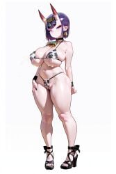 ai_generated breasts female heeled_sandals heels high_heels huge_breasts huge_thighs lactation micro_bikini oni oni_female oni_horns sandal_heels shuten_douji_(fate) strappy_heels