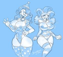 2girls beingobscene big_breasts breasts_bigger_than_head clown clown_girl clown_makeup clown_nose huge_breasts looking_at_breasts nipple_bulge nipple_slip shocked_expression thick_thighs wide_hips