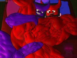 2boys 2d 2d_(artwork) abs balls bed bedroom bulge_through_clothing chris_huntsman demon demon_horns demon_tail devil dick digital_drawing_(artwork) digital_media_(artwork) dominant duo erect_penis erection gay gay_male grabbing_legs grinding grinning huge_cock looking_at_penis looking_down looking_pleasured male male_only muscles muscular muscular_male night no_nipples oc original_character pecs penis pillow purple_body purple_chris_(chrisad_18) red_body rubbing smirk smirking spread_legs spreading tongue_out tv tv_head vein veins veiny_muscles veiny_penis