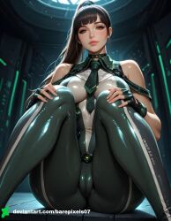 1girls ai_generated arched_back ass bangs barepixels07 black_hair blush bodysuit breasts brown_eyes cameltoe curvy eve_(stellar_blade) female female_only hair_ornament long_hair looking_at_viewer looking_back low_angle navel perfect_body ponytail pussy seductive seductive_look sexy sitting skin_tight skindentation slim_waist smile solo solo_female spread_legs stellar_blade thighs uncensored watermark wide_hips