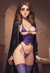 1girls ai_generated alone belly_button bikini blue_eyeshadow boobs breasts brown_hair brunette camel_toe cameltoe choker cloak corset earrings eyeshadow female ginger hand_on_table hermione_granger hoop_earrings lingerie lingerie_under_clothes lip_biting navel open_cloak purple_bikini purple_corset purple_eyes purple_lingerie purple_stockings purple_underwear standing thigh_highs underboob wizard young