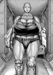 absurd_res armor bald bare_shoulders big_breasts breasts character_request cleavage double_deck fallout fallout_76 female fingers hi_res human microsoft monochrome thick_lips