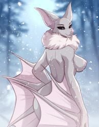2_fingers absurd_res alien anthro bat black_eyes breasts extraterrestrial eyelashes falling_snow fan_character fangs female fingers fur fuvi grey_body grey_fur hi_res long_ears long_fangs mammal membrane_(anatomy) membranous_wings neck_tuft nipples plant pointy_nose smile snow solo teeth tree tuft ultraman_(series) white_body white_fur wings