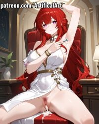 ai_generated armpits artifical_art blush bracelet clitoris cum cum_in_pussy female hair_ornament honkai:_star_rail honkai_(series) hoyoverse jewelry light-skinned_female light_skin long_hair mihoyo perfect_body presenting_pussy purple_eyes pussy pussy_hair red_hair shaving_armpits solo spread_legs tribios_(honkai:_star_rail)