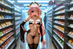 1boy _long_hair ai_generated animal_ears bare_shoulders bikini black_bikini black_choker black_gloves black_thighhighs breasts choker closed_mouth convenience_store detached_sleeves earrings elbow_gloves eyepatch eyepatch_bikini female floppy_ears fox_ears genshin_impact gloves hair_between_eyes hair_ornament hand_on_own_hip indoors jewelry large_breasts long_hair long_sleeves looking_at_viewer low-tied_long_hair meitabuu navel one_eye_covered pink_hair purple_eyes shop side-tie_bikini_bottom skindentation solo_focus stomach swimsuit thighhighs thighs wide_sleeves yae_miko