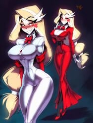 1girls ai_generated big_breasts blonde_hair blush charlie_morningstar_(hazbin_hotel) color female gigiti hazbin_hotel hi_res large_breasts light-skinned_female light_skin long_hair looking_at_viewer red_eyes thick_thighs vivienne_medrano