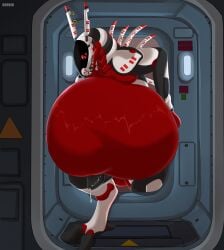anthro belly big_belly black_body black_penis erection fangs front_view genitals hi_res huge_belly humanoid_genitalia humanoid_penis inside looking_at_viewer male male_anthro nude open_mouth penis red_body red_eyes roobin solo standing synth_(vader-san) teeth visor vore white_body