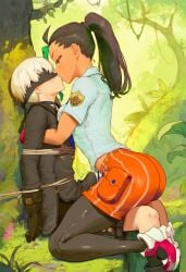 -_-abc 1boy 1girls against_tree ai_generated bondage dominant_female erection erection_under_clothes femboy forest kissing nemona_(pokemon) nier:_automata pokemon submissive_male tied_up tree yorha_9s
