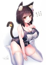 1girls animal_ears azur_lane bell black_hair breasts cat_ears cat_tail collarbone cum cum_on_body cum_on_breasts cum_on_clothes cum_on_upper_body doyouwantto eyebrows_visible_through_hair female female_only large_breasts light-skinned_female light_skin looking_at_viewer name_tag oerba_yun_fang one-piece_swimsuit open_mouth red_eyes sakura_empire_(azur_lane) school_swimsuit short_hair signature simple_background sitting solo swimsuit tail tail_bell thighhighs wariza white_background white_legwear yamashiro_(azur_lane) yamashiro_(summer_offensive?)_(azur_lane)