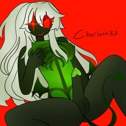1x1x1x1 1x1x1x1_(forsaken) ambiguous_gender dick_out forsaken_(roblox) futanari green_tip green_torso long_hair naked ponytail precum red_eyes visible_ribcage white_hair