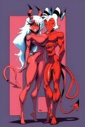 1boy 1girls 2demons abs ai_generated bare_arms bare_legs bare_shoulders bare_thighs big_breasts big_penis bikini bikini_bottom bikini_top color demon demon_boy demon_girl demon_horns demon_tail female fit_female gigiti helluva_boss hi_res large_breasts long_hair looking_at_viewer male male/female moxxie_(helluva_boss) muscles muscular muscular_female muscular_male pink_body pink_skin succubus succubus_horns succubus_tail thick_thighs verosika_mayday_(helluva_boss)