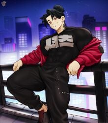 1boy 1male against_fence black_earrings black_hair black_hair_male black_pants black_shirt bulge bulge_under_clothes bun_hair chignon city city_background city_lights cityscape clothed clothed_male defined_muscles earring earrings folds human jacket jacket_around_arms jacket_off_shoulders jacket_open kingdom_velvet looking_at_viewer lying_on_back male muscles muscular muscular_male night night_sky notice_lines oc original_character red_eyes red_eyes_male red_jacket red_jacket_vest smile smiling smiling_at_viewer solo_male tattoo tattoo_on_neck tattooed_neck tattoos text text_on_clothing tight_clothes tight_clothing translation_request vincent_(kingdom_velvet) watermark