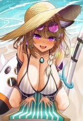 1girls animal_ears arknights bare_shoulders beach big_breasts bikini bikini_top blonde_hair blush bra braid braided_hair cleavage collarbone cyan_nails eyelashes fangs female female_only happy hat highres huge_breasts inflatable_toy kemonomimi large_breasts light-skinned_female light_skin long_hair long_nails looking_at_viewer looking_up looking_up_at_viewer lounge_chair nails necklace open_mouth open_smile purple_eyes round_glasses sharp_nails sitting smile solo straw_hat striped_bikini sunglasses_on_head swimsuit tail tail_wrap utage_(arknights) utage_(summer_flowers)_(arknights) vailtred wet