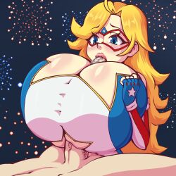1boy 1girls 2d big_penis blonde_hair blowjob blue_eyes bosomancer breasts charlotte_vanders clothed clothed_female_nude_male clothing fellatio female fingerless_gloves huge_breasts kamen_america kamen_america_(character) kamen_america_(series) light-skinned_female light-skinned_male light_skin long_hair male nude nude_male oral oral_penetration oral_sex outercourse paizufella paizuri paizuri_under_clothes penis penis_between_breasts penis_in_mouth superheroine
