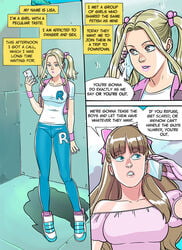 2girls alley bag blonde_hair blue_eyes bored cellphone comic dirty_talk dress earrings english_text female hair hair_ribbon july_(tekuho) leggings lipstick lisa_(tekuho) multiple_girls original tekuho text text_box text_bubble tied twintails