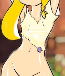 animal_humanoid anthro armpits arms_up artist_request blurry_background bottomless cephalopod cephalopod_humanoid convenient_censoring faceless_female female female_only flat_chest humanoid inkling inkling_girl light-skinned_female light_skin naked_shirt navel nintendo no_bra pseudo_hair shiny_skin splatoon splatoon_(series) splatoon_3 squid tentacle tentacle_hair veronika_(splatoon) yellow_hair