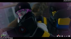 1boy 1girls 3d ass background_character blush bottomless bottomless_female clothed dummies_vs_noobs female fusilier_(dummies_vs_noobs) game_ui guest_(roblox) guest_6 male male/female moosty noob roblox roblox_game robloxian sex standing standing_sex straight tactical_gear tagme