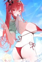 2girls absurdres amu1207 ass bikini bikini_pull blue_sky blush breasts clothes_in_mouth clothes_lift clothes_pull day elegg_(nikke) female goddess_of_victory:_nikke highres large_breasts lifting_own_clothes long_hair mouth_hold multiple_girls official_alternate_costume ponytail rapi_(nikke) rapi_(red_hood)_(nikke) rapi_(red_hood)_(red_flavor)_(nikke) red_bikini red_eyes red_hair shirt shirt_in_mouth shirt_lift side-tie_bikini_bottom side-tie_swimsuit sky swimsuit v white_shirt