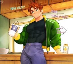 1boy 1male alex_mullner black_shirt blue_jeans brown_hair brown_hair_male defined_muscles english_dialogue english_text green_eyes green_eyes_male green_jacket human jacket jacket_open jeans kingdom_velvet kitchen male milk milk_bottle muscles muscular muscular_male orange_juice part_of_a_series part_of_a_set stardew_valley sunlight tight_clothing watermark window window_light