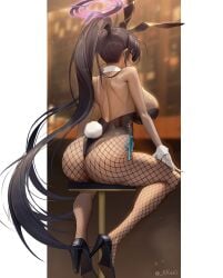 1girls absurdly_long_hair absurdres animal_ears ass backless_outfit bare_back bare_shoulders black_hair black_leotard blue_archive blush breasts covered_mouth dark-skinned_female dark_skin detached_collar fake_animal_ears fake_tail female fishnet_pantyhose fishnets from_behind full_body gloves halo hand_on_own_thigh high_heels high_ponytail highleg highleg_leotard highres karin_(blue_archive) karin_(bunny)_(blue_archive) kkuni large_breasts leotard long_hair looking_at_viewer looking_back median_furrow official_alternate_costume on_stool pantyhose pillarboxed playboy_bunny ponytail rabbit_ears rabbit_tail shoulder_blades side-tie_leotard sidelocks signature sitting solo stool strapless strapless_leotard tail twitter_username very_long_hair white_background white_gloves yellow_eyes